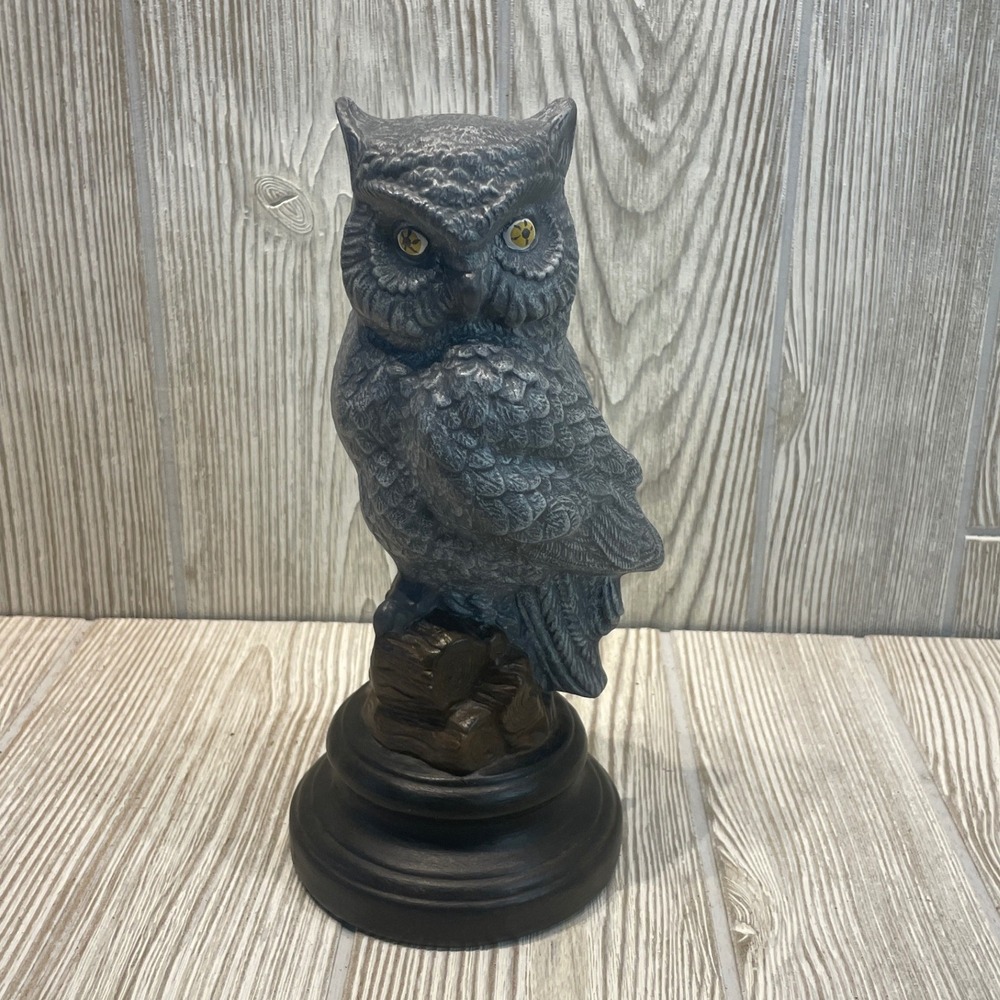 Grey Textured Owl Figurine on Log Base Decorative Bird Statue 8.5 Inch